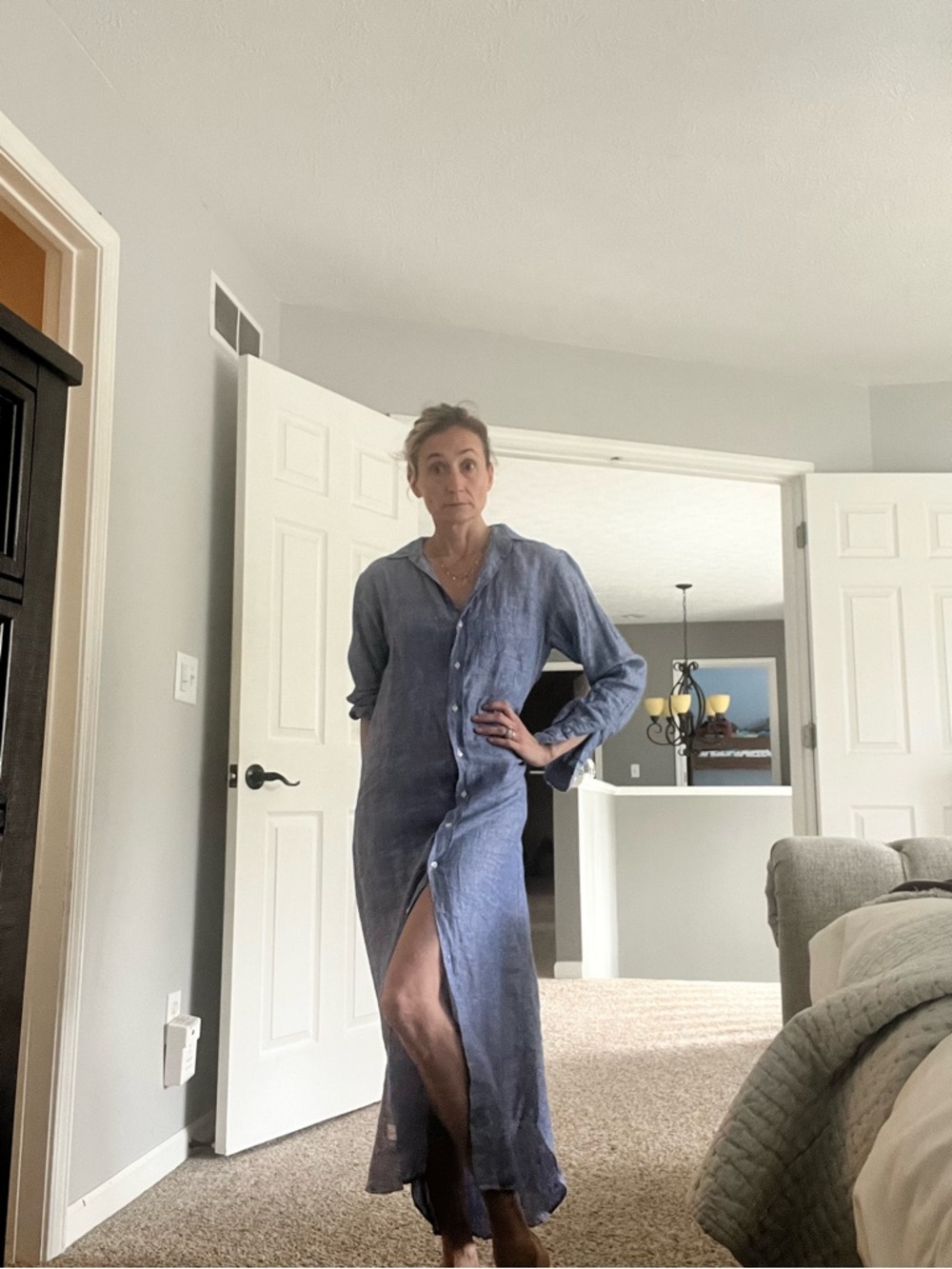 Frank and Eileen linen Blue Button-Front Maxi Shirt Dress
